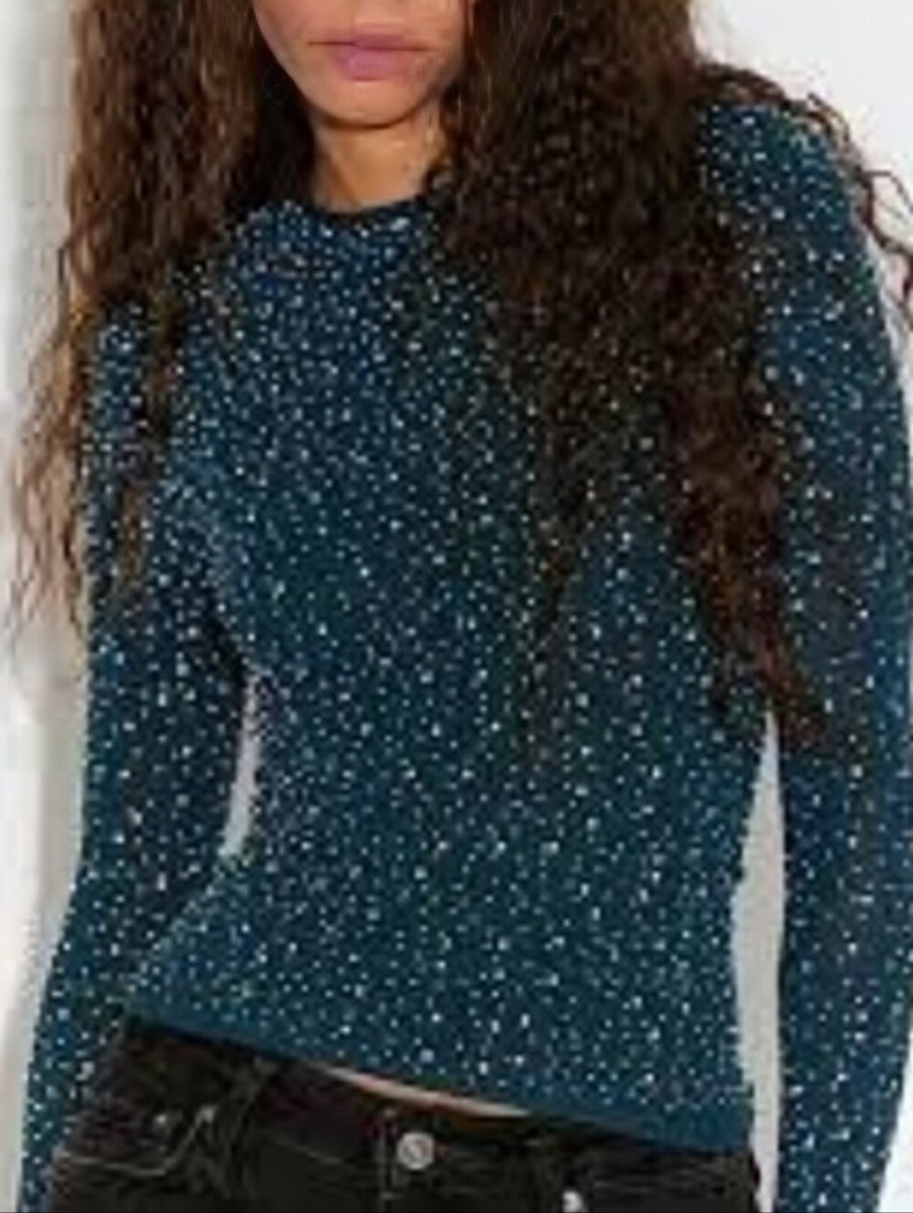 NWT Free People Night Sky Long Sleeve Top, In Sea Moss Sparkle Embellishments M